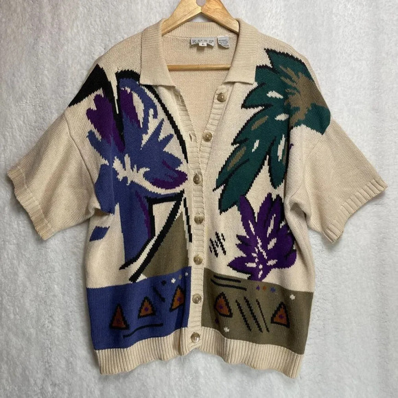 Russ Women’s L Button-Up Short Sleeve Knit Cardigan Colorful Floral Print - Picture 2 of 11